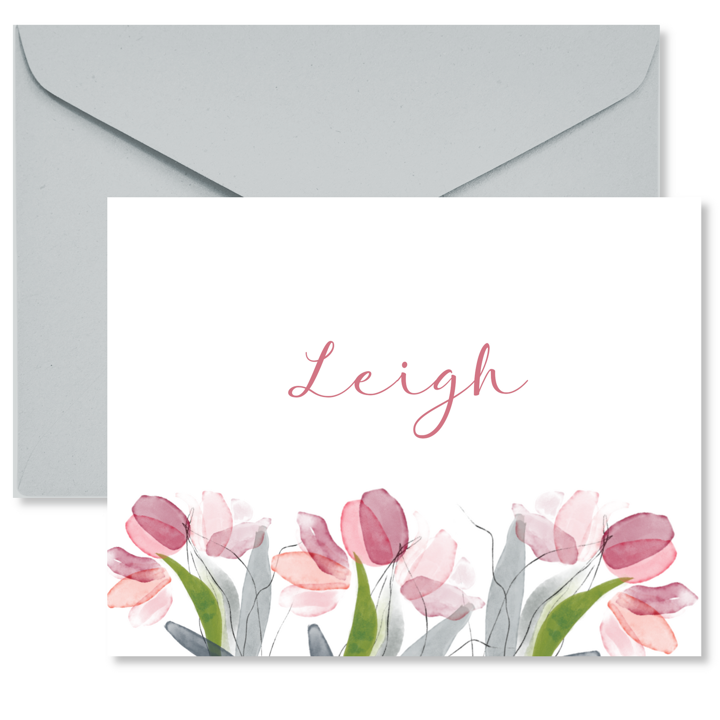 Pink Line Art Tulips Personalized Note Cards