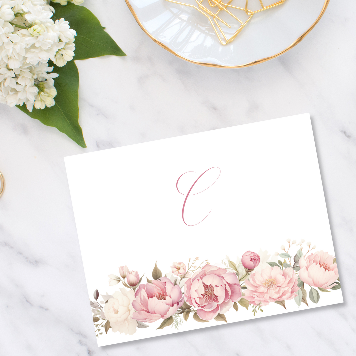 Peony Border Monogram Note Cards