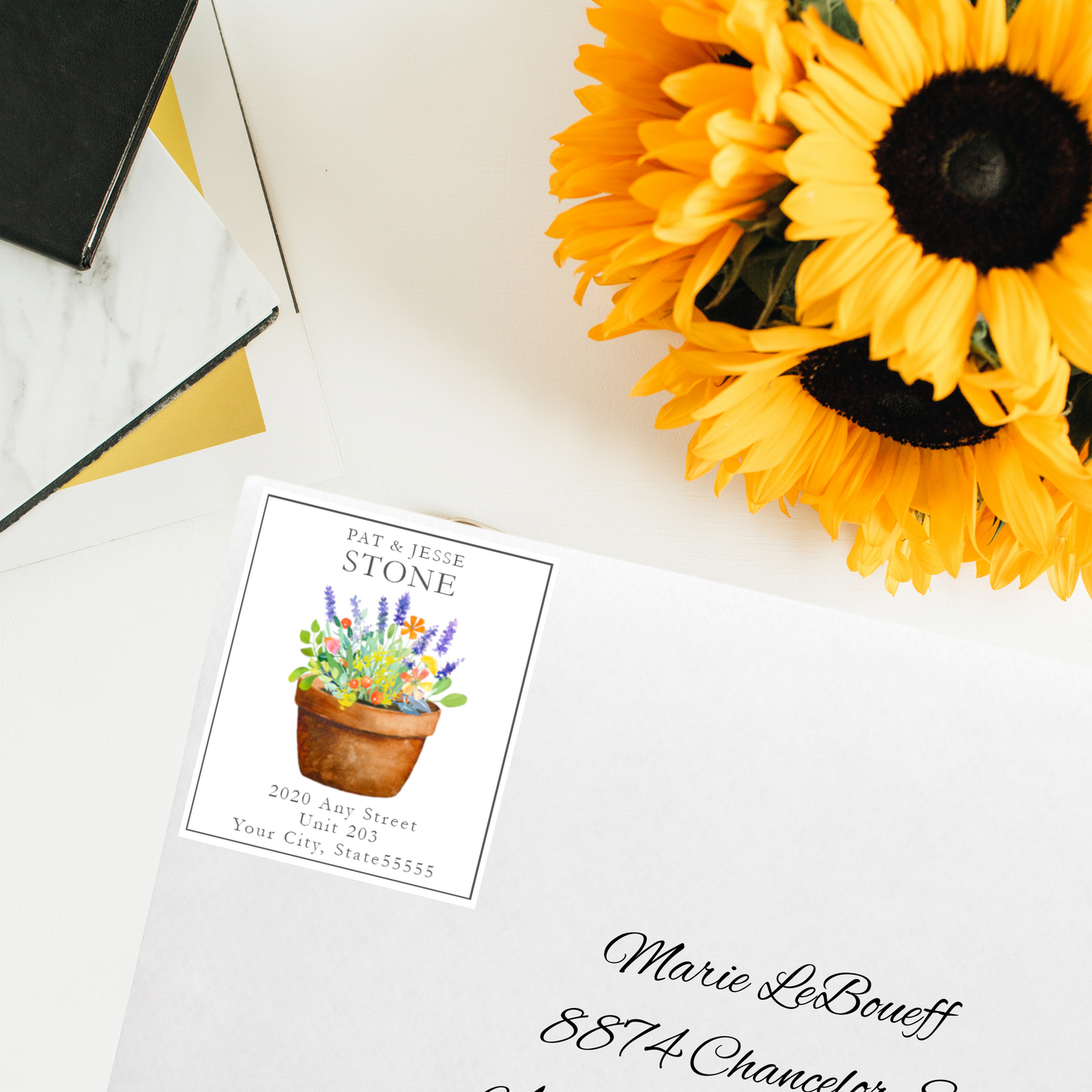 Colorful Watercolor Potted Floral Printed Return Address Labels