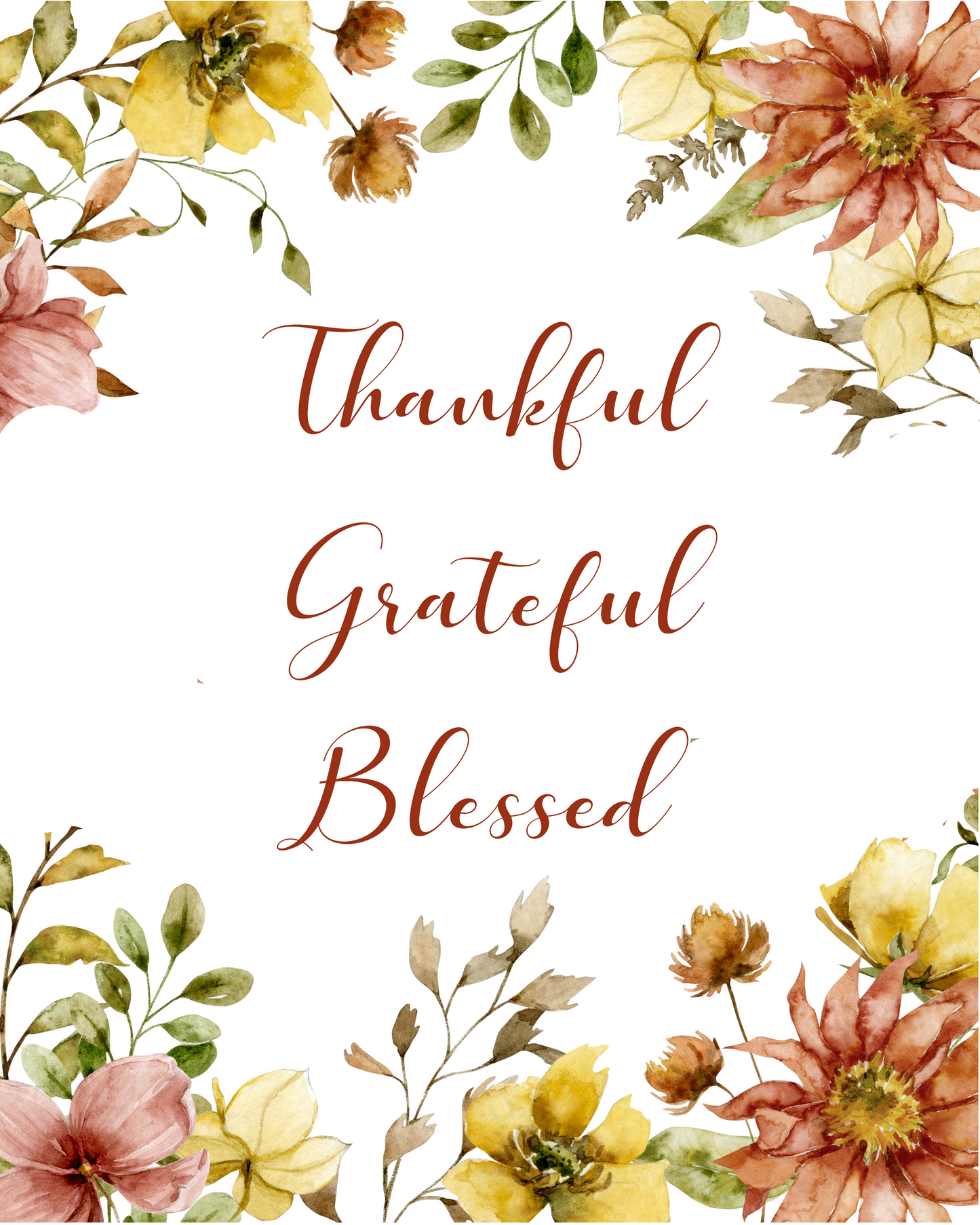 Thankful Grateful Blessed Autumn Watercolor Wall Print