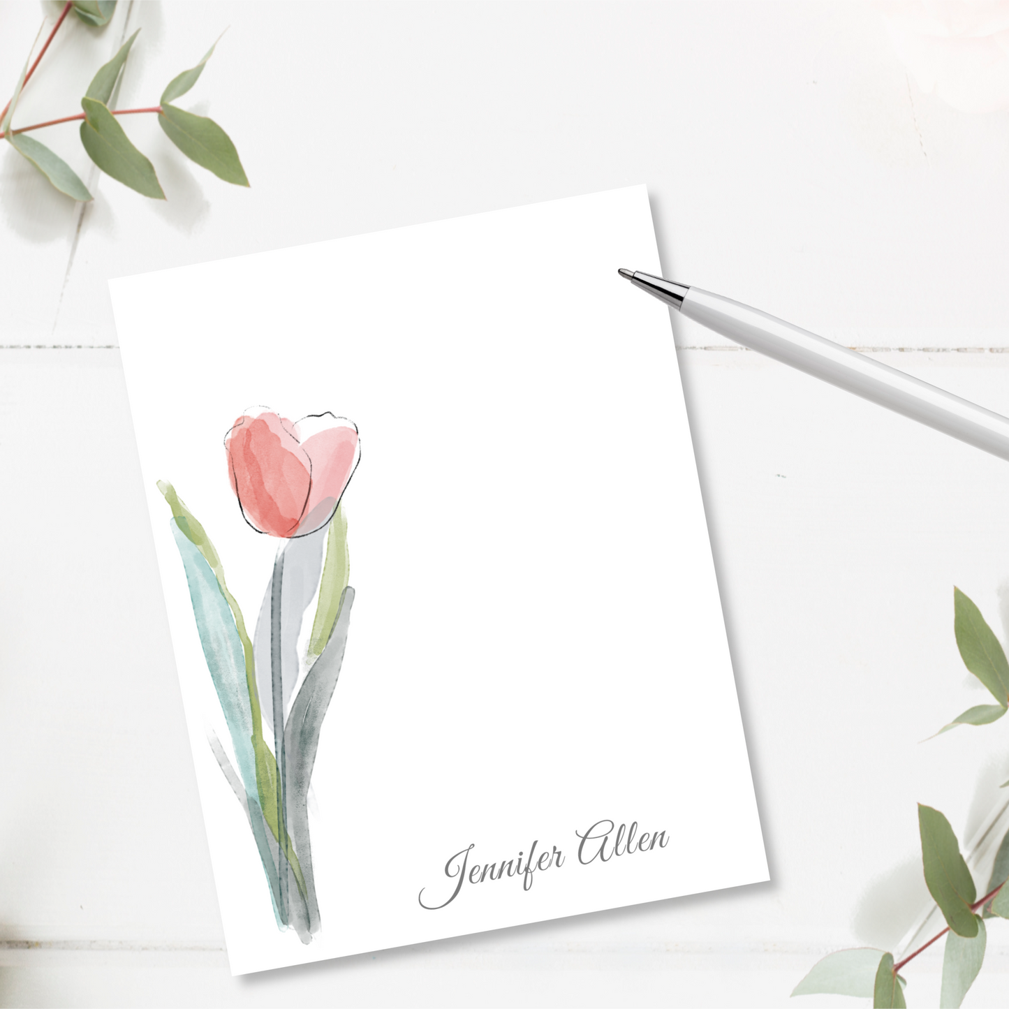 Line Art Watercolor Pink Tulip Note Pad | 50 sheets