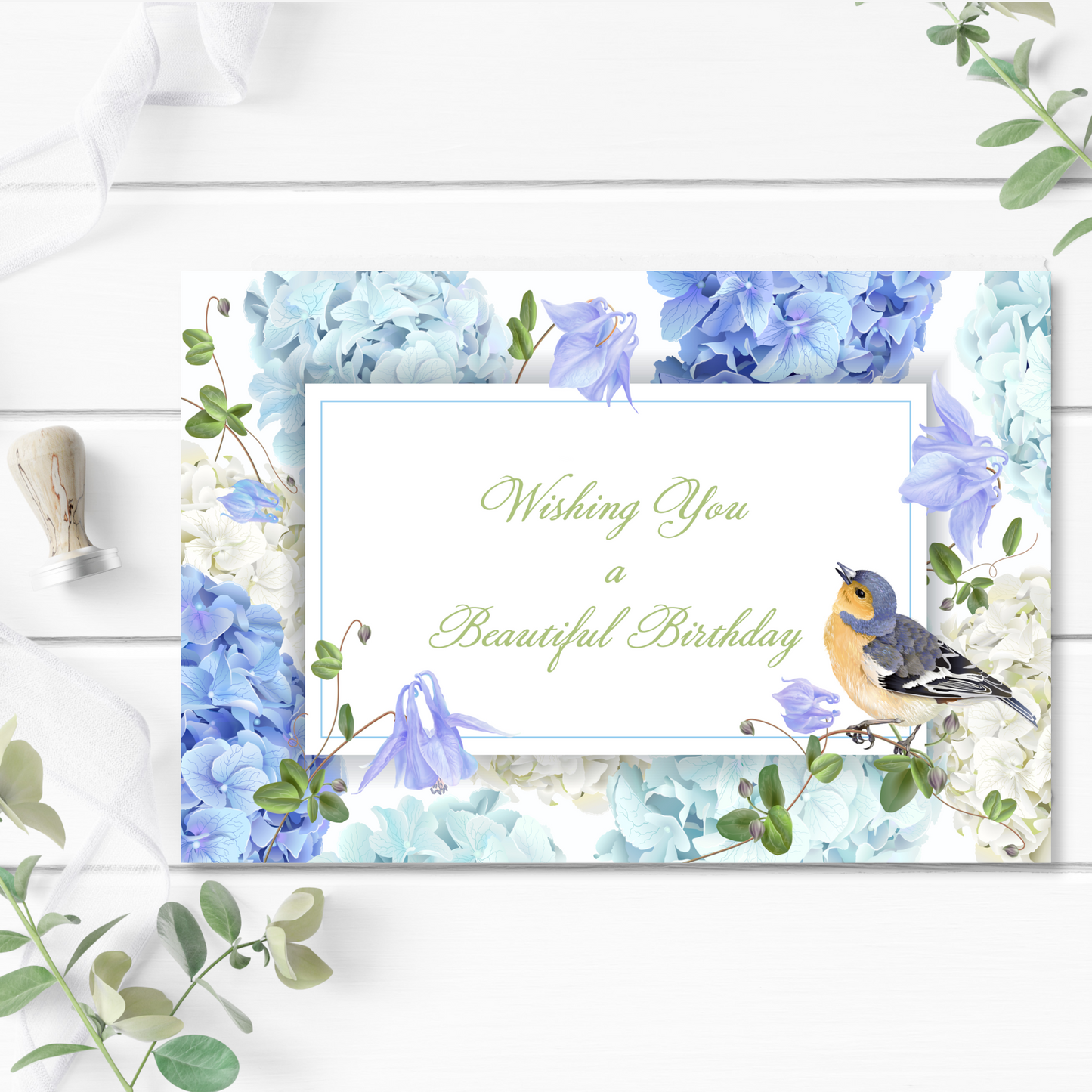 Bird and Hydrangeas Birthday Greeting Card