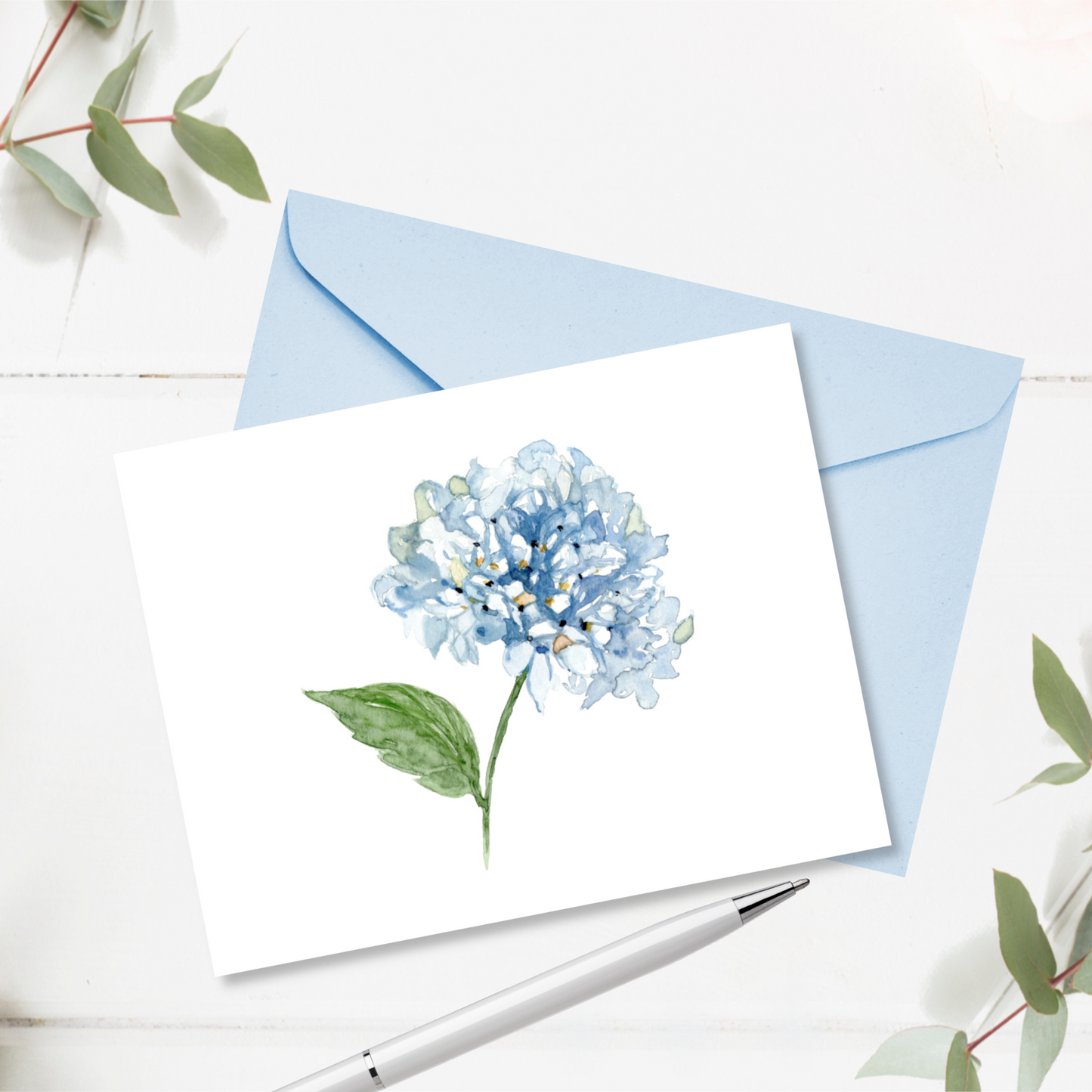 Blue Hydrangea Watercolor Personalized Note Cards