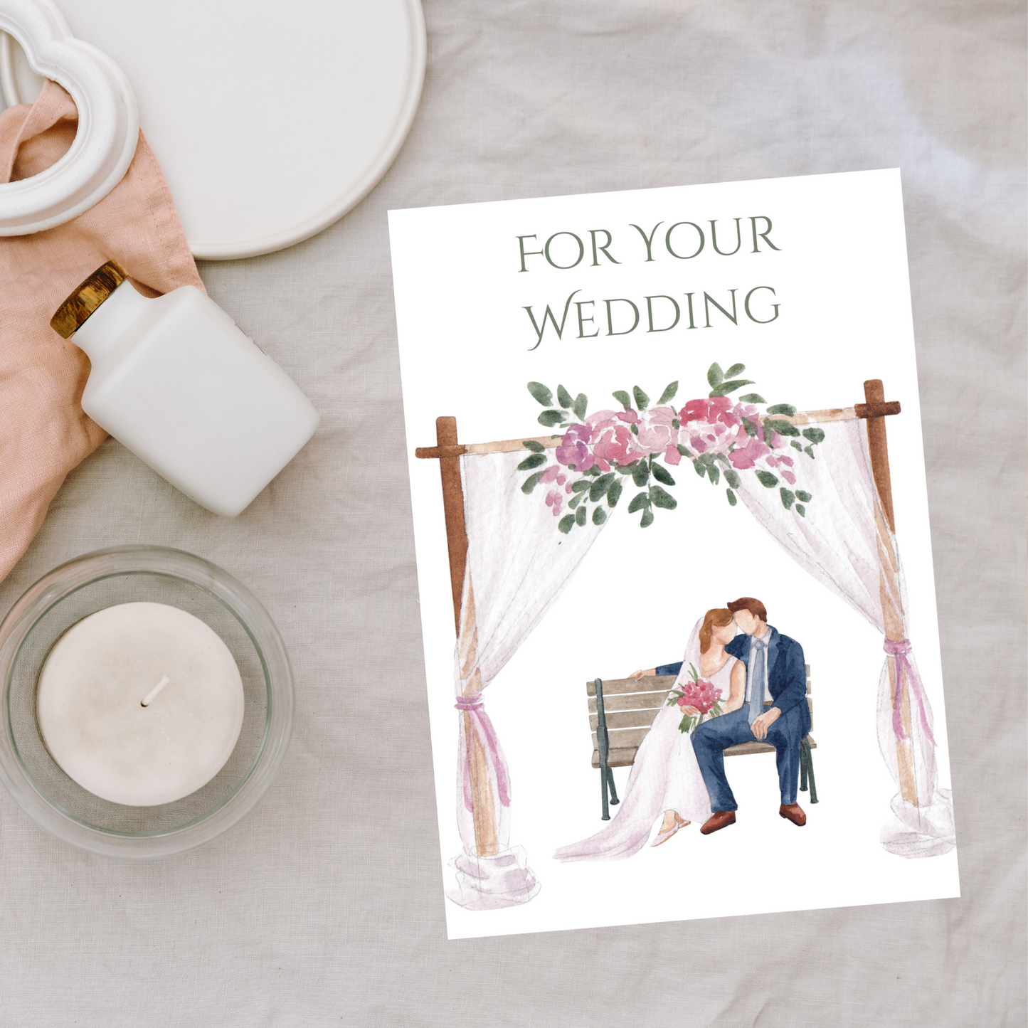 Floral Arch with Bride and Groom Wedding Card
