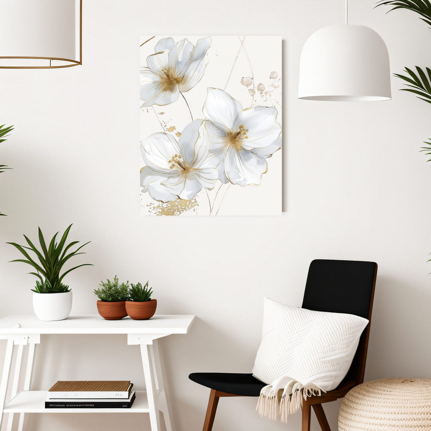 White Floral with Gold Accents Watercolor Wall Decor
