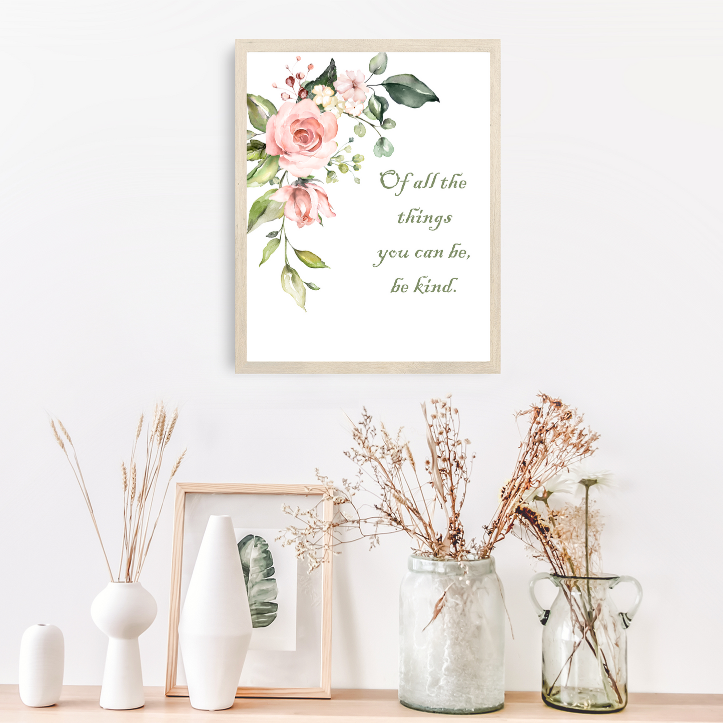 Pink Roses Be Kind Watercolor Wall Art