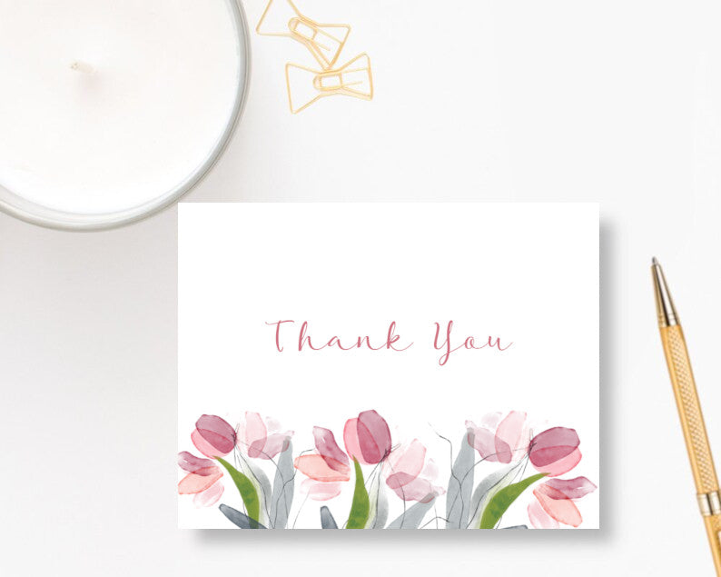 Pink Line Art Tulips Personalized Note Cards