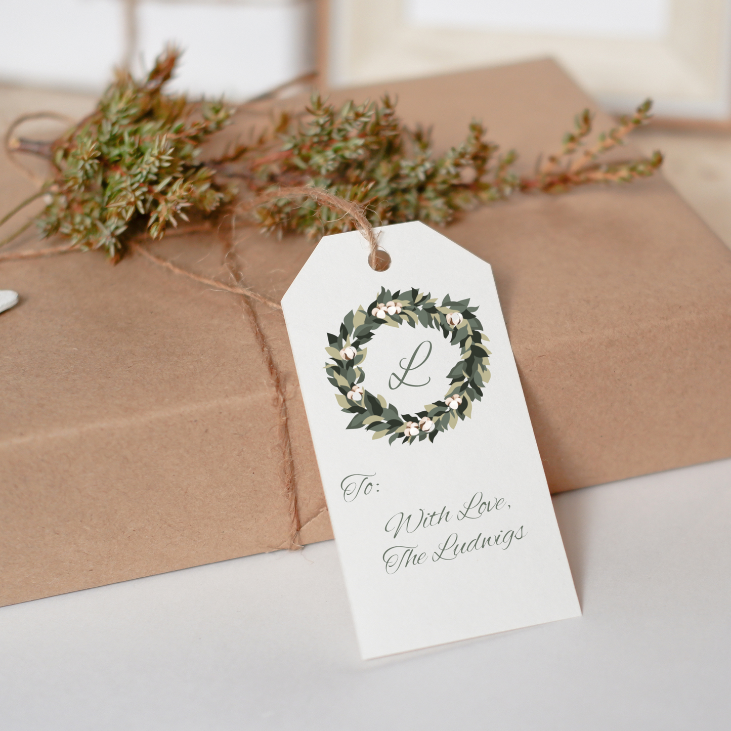 Holly Wreath Monogrammed Printed Holiday Gift Tags