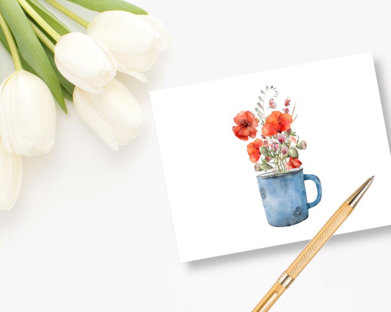Red Poppies in Rustic Blue Cup Note Cards