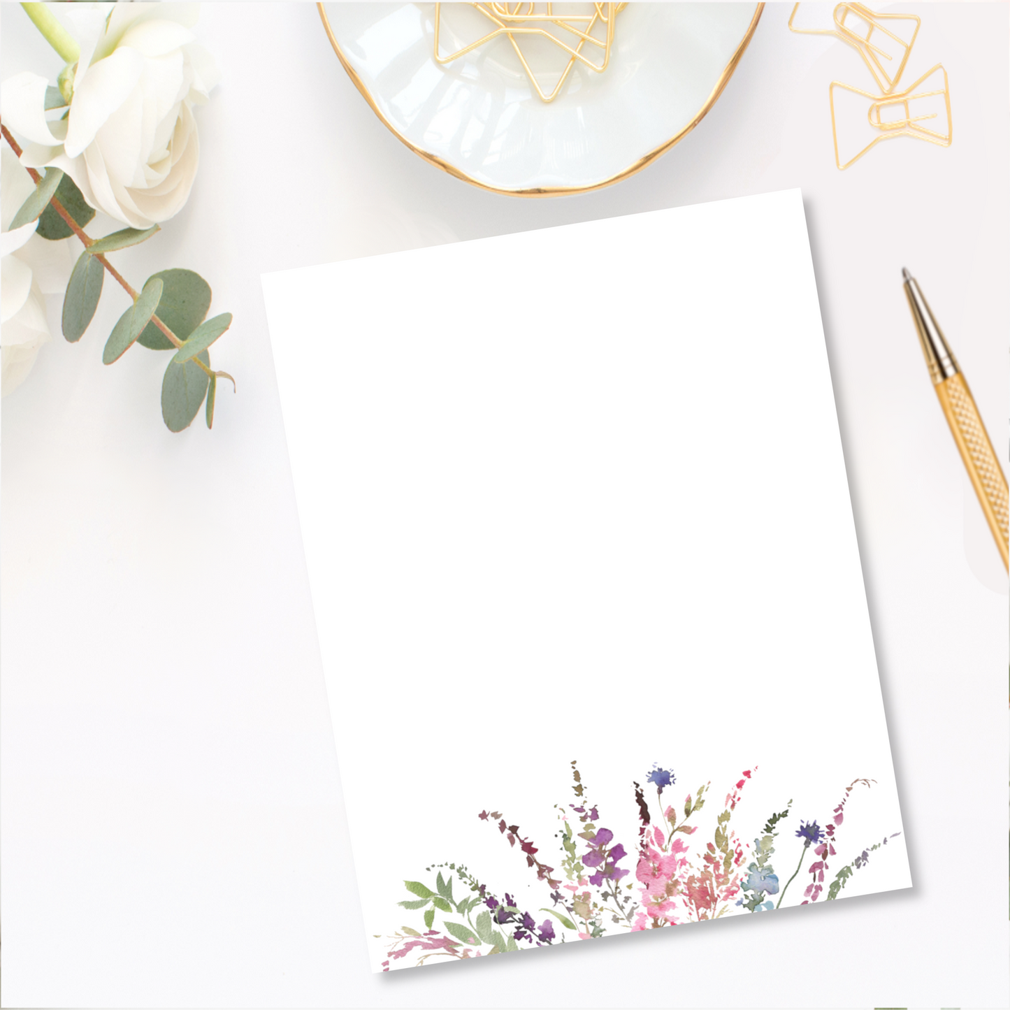 Watercolor Meadow Wildflower Floral Border Note Pad | 50 Sheets