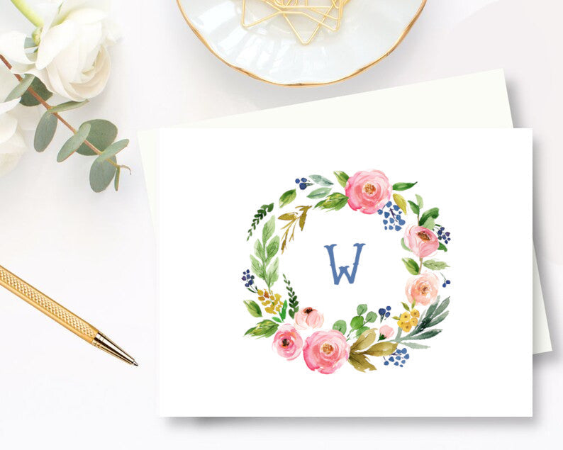 Spring Floral Wreath Monogram Note Cards